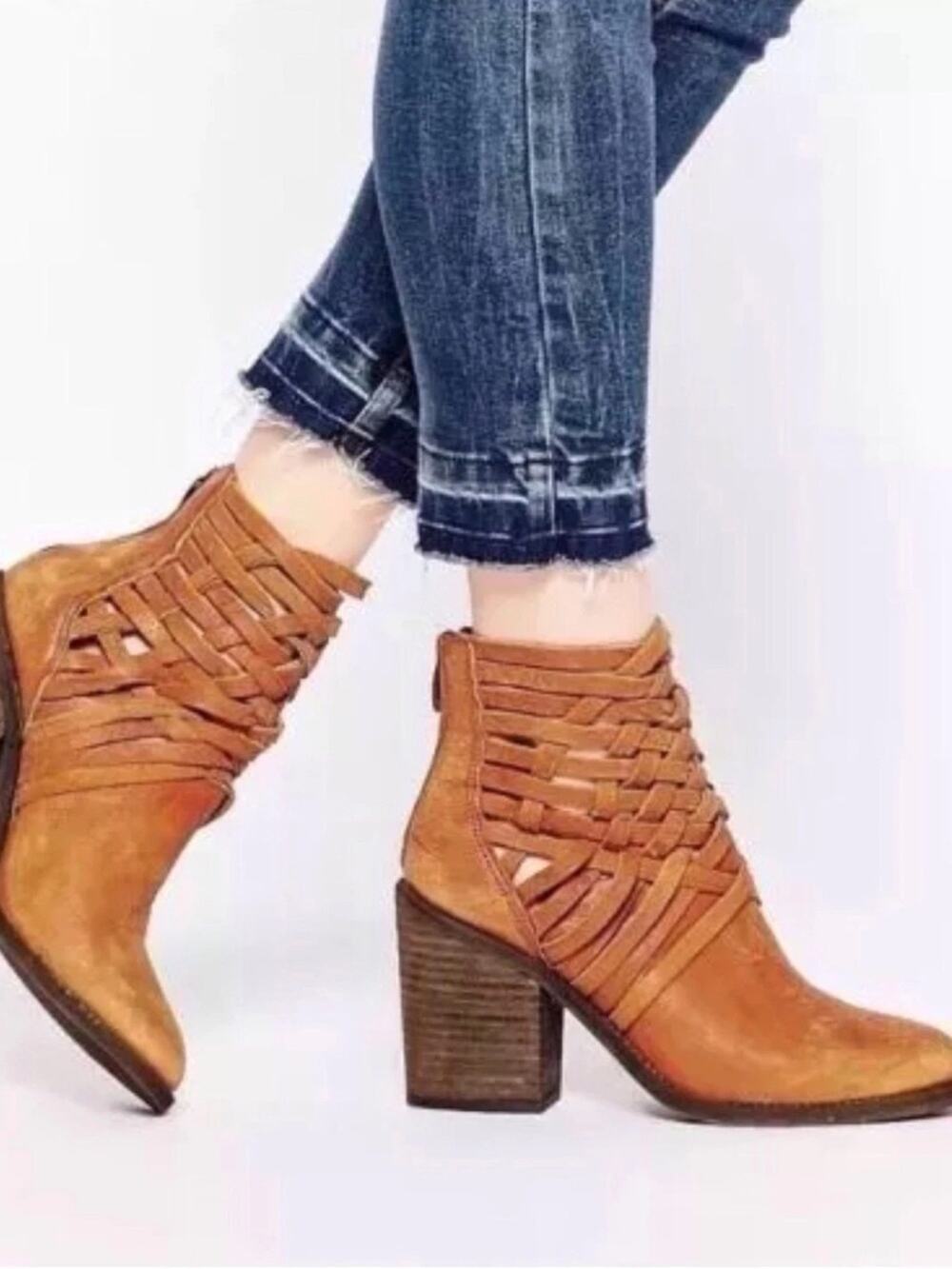 Free People Women's Carrera Leather Tan Strappy Zip Ankle Boots $198 EU 38 US 8